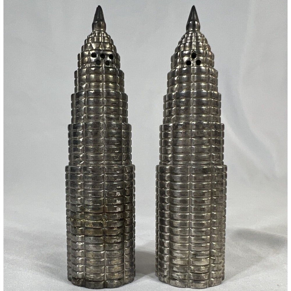 Vintage International Silver Co Skyscraper Salt Pepper Shakers Silverplate 4.5"